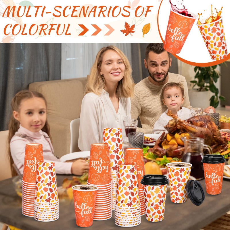 Whaline 50 Pcs Hello Fall Coffee Paper Cups Autumn Leaves Pumpkin 16oz Disposable Cups with Lids for Hot Cold Drinks Thanksgiving Holiday Party Supplies - Image 5